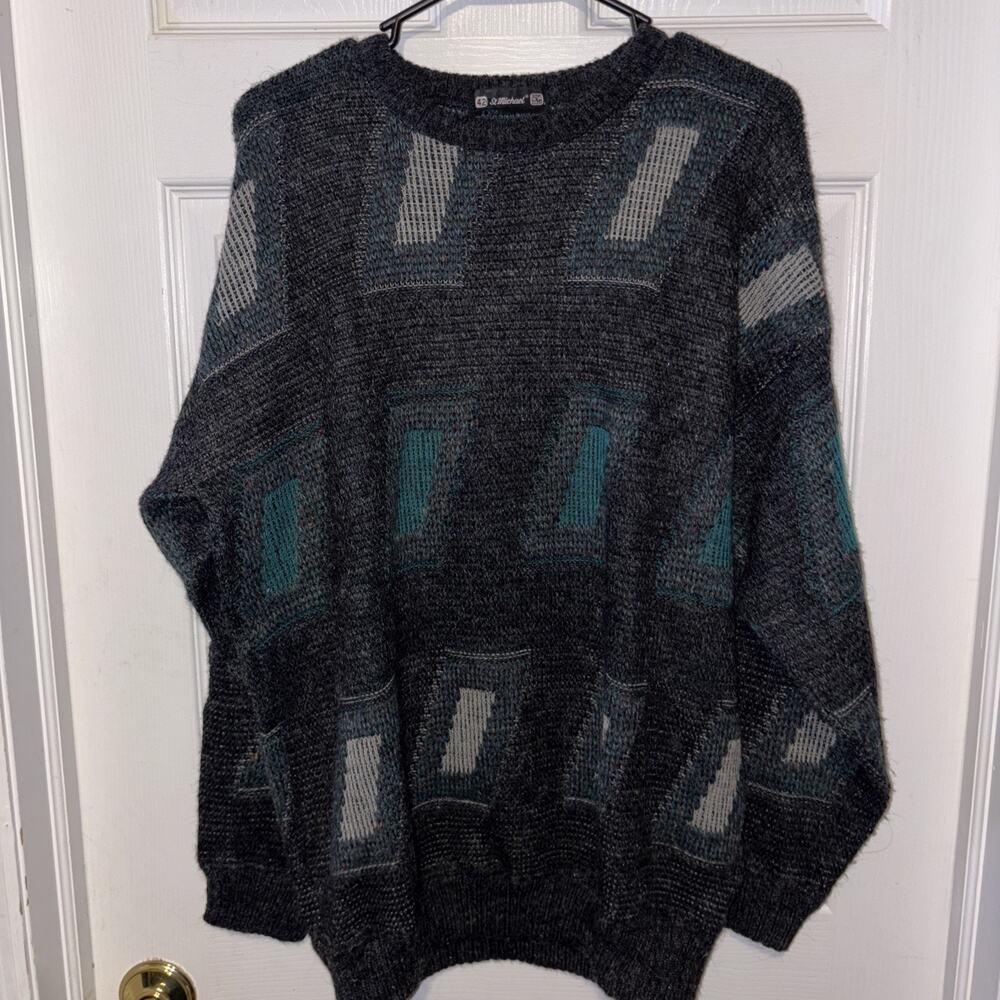 Vintage St Michael Pattern Knit Sweater - Gray & Green - Arcylic & Wool